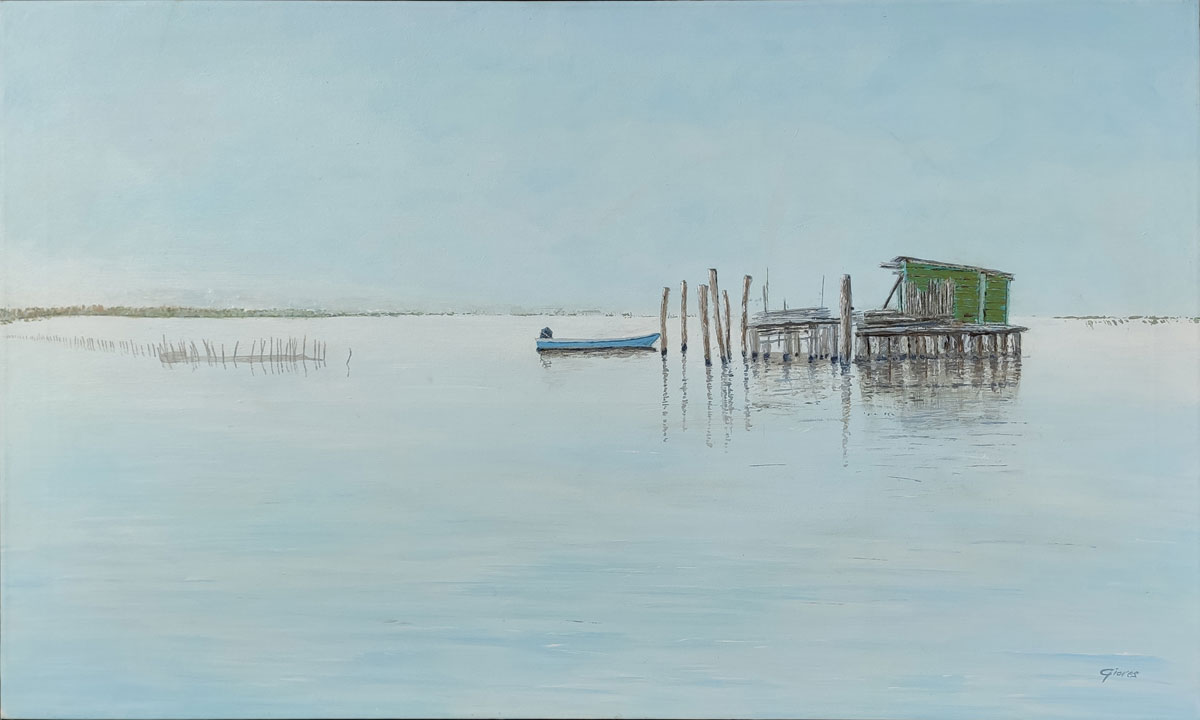 capanno di pescatori in laguna , dipinto da  pittore Gioves Venezia - chiare visioni