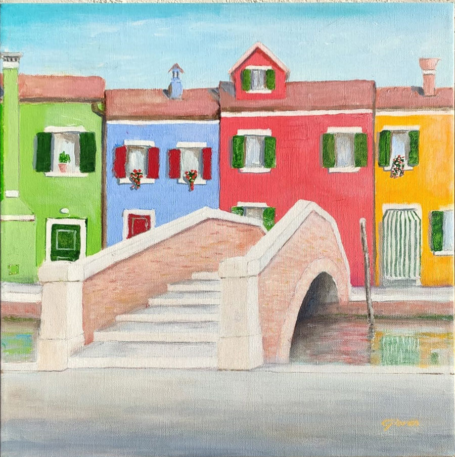 pittore Gioves Venezia - dipinto BURANO i colori, le case